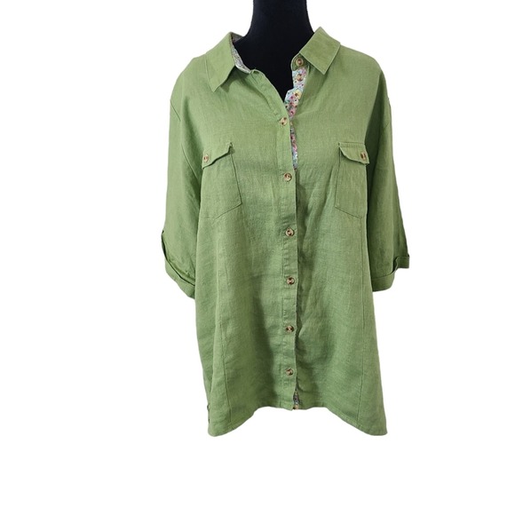 Ulla Popken Tops - Ulla Popken Women's Green Button Up Short Sleeve Linen Shirt Lagenlook 24/26